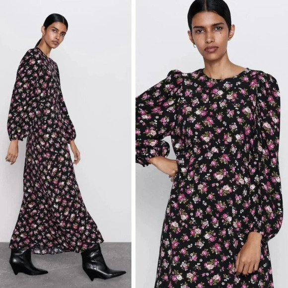 Zara Floral Print Midi Dress Black Pink Size Small - Picture 1 of 8